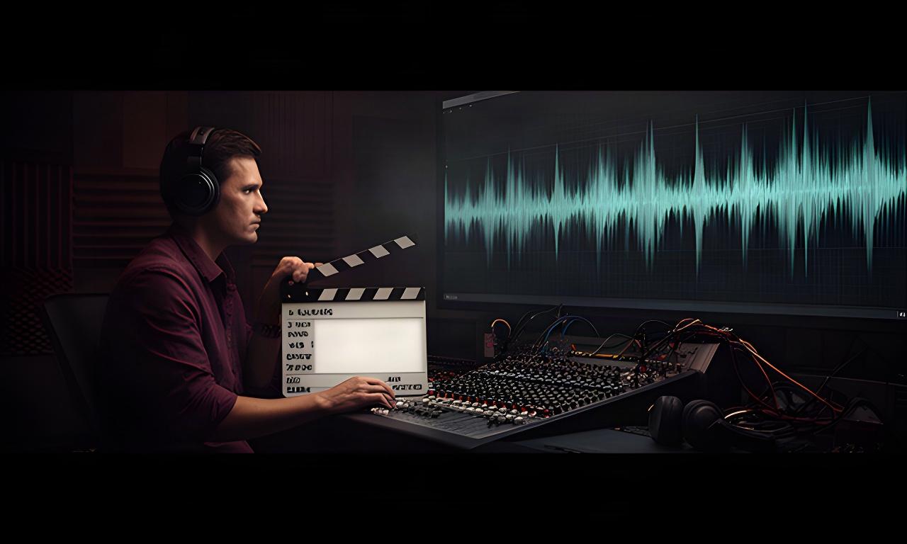 Audiotechnicus naast een filmklapbord en golfvormen in een donkere post-productiestudio