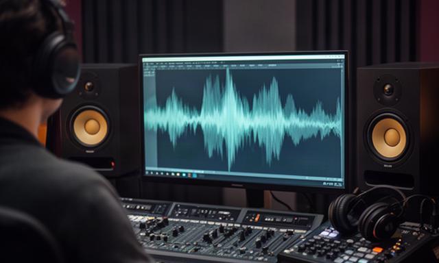 Montagewerkplek met audiogolf en filmgeluid in een post-productiestudio