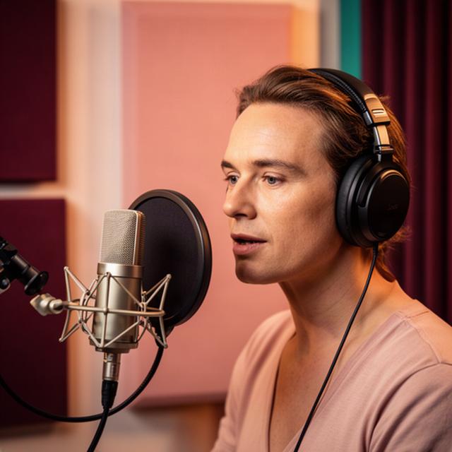 Spreker met koptelefoon en microfoon in een warme geluidsstudio voor een mindfulness opname in Alkmaar