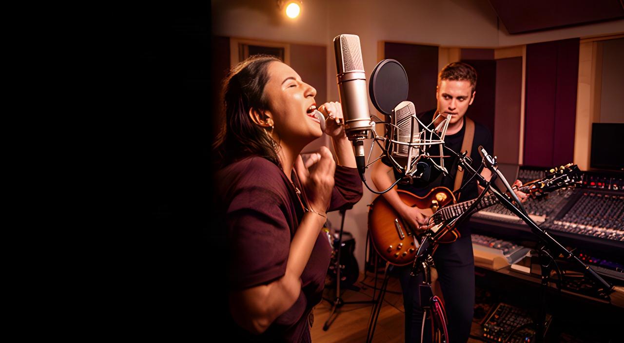 Artiest zingt naast een studiomicrofoon terwijl een gitarist opneemt in een warme geluidsstudio in Alkmaar