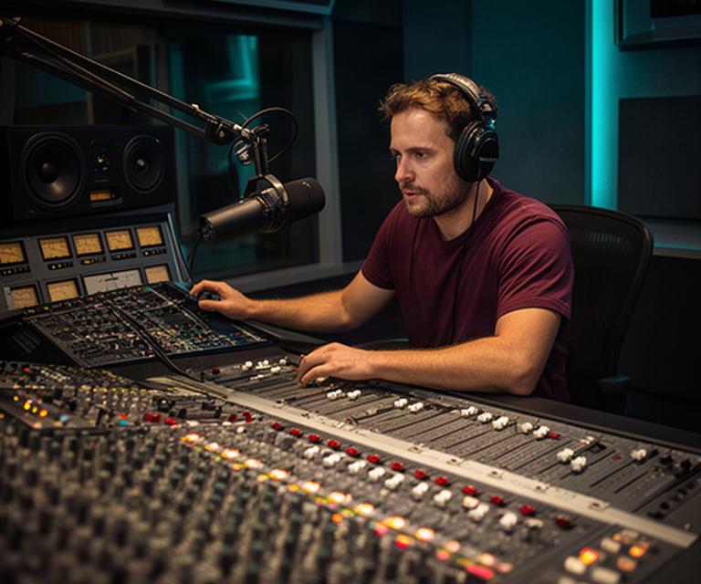 Geluidsengineer achter een mengtafel voor een regionale radio-opname met meerdere audiokanalen