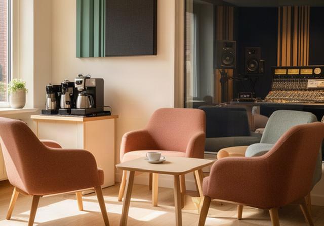 Loungehoek naast de opnamestudio in Alkmaar met zitplaatsen en koffievoorziening